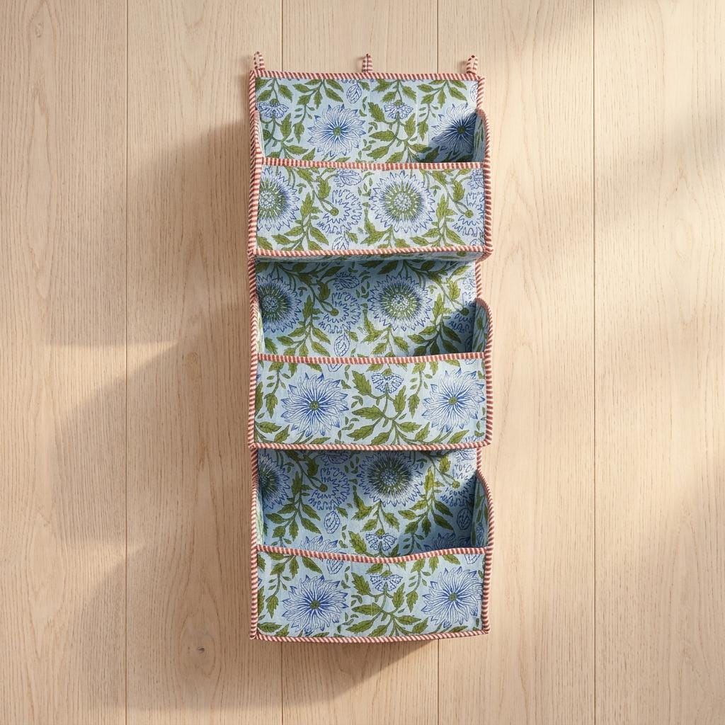 Blue Floral Quilted Cotton Hanging Wall Organizer, Handcrafted Tiered Pocket Fabric Mail Hanger