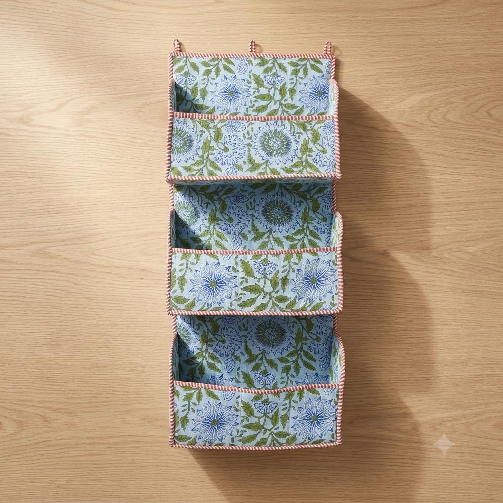 Blue Floral Quilted Cotton Hanging Wall Organizer, Handcrafted Tiered Pocket Fabric Mail Hanger