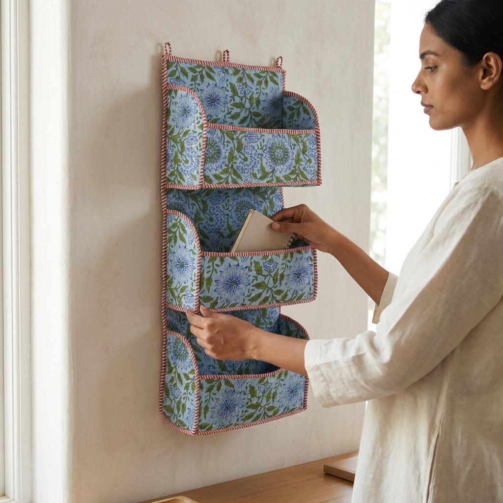 Blue Floral Quilted Cotton Hanging Wall Organizer, Handcrafted Tiered Pocket Fabric Mail Hanger