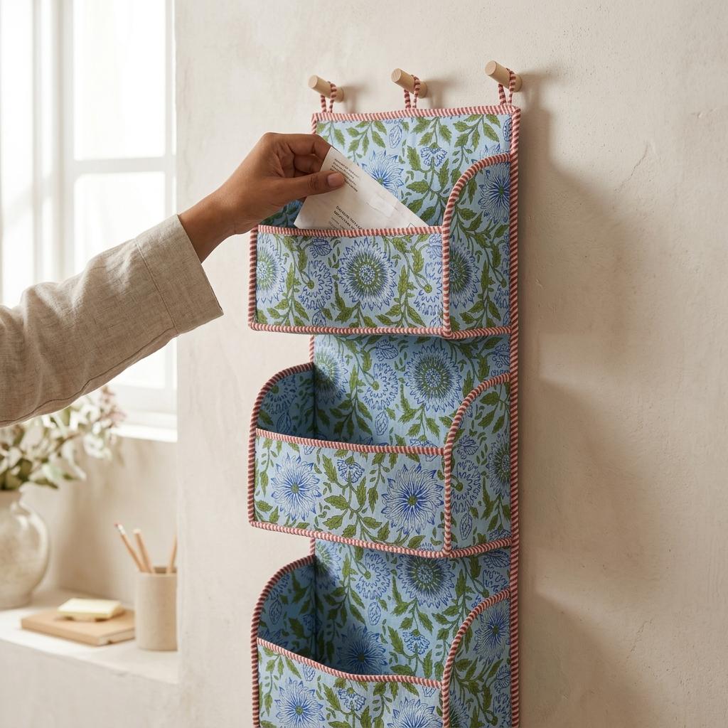 Blue Floral Quilted Cotton Hanging Wall Organizer, Handcrafted Tiered Pocket Fabric Mail Hanger