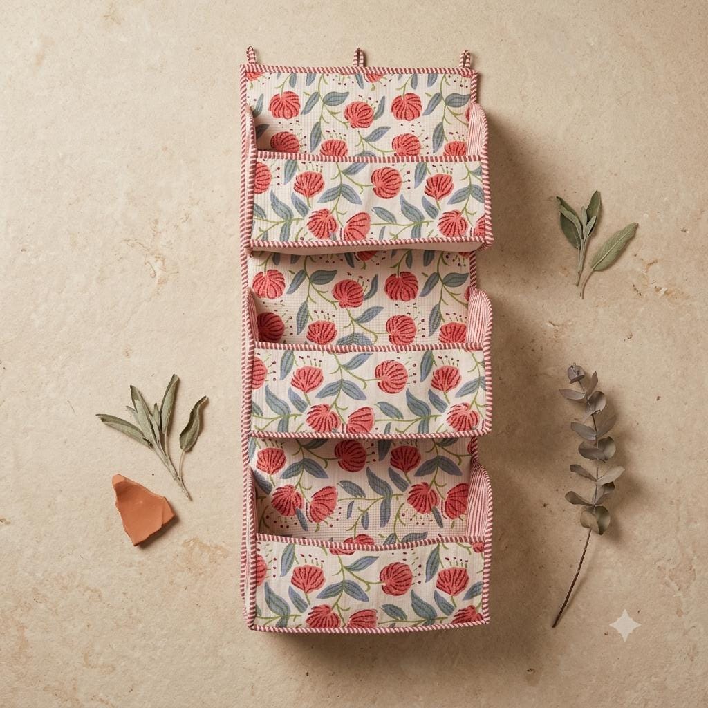Red Flower Quilted Cotton Hanging Wall Organizer, Handcrafted Tiered Pocket Fabric Mail Hanger