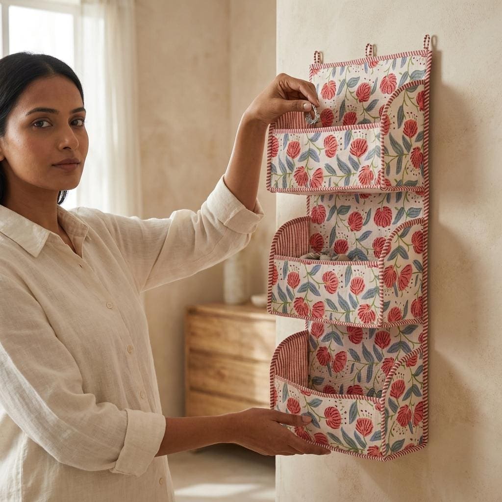Red Flower Quilted Cotton Hanging Wall Organizer, Handcrafted Tiered Pocket Fabric Mail Hanger