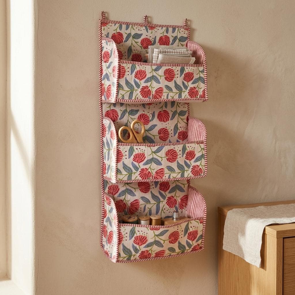 Red Flower Quilted Cotton Hanging Wall Organizer, Handcrafted Tiered Pocket Fabric Mail Hanger