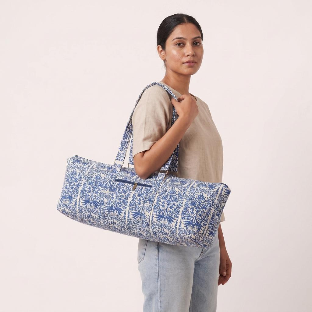 Handmade Quilted Cotton Duffle Bag, Blue White Floral Weekender, Carry On Travel Tote