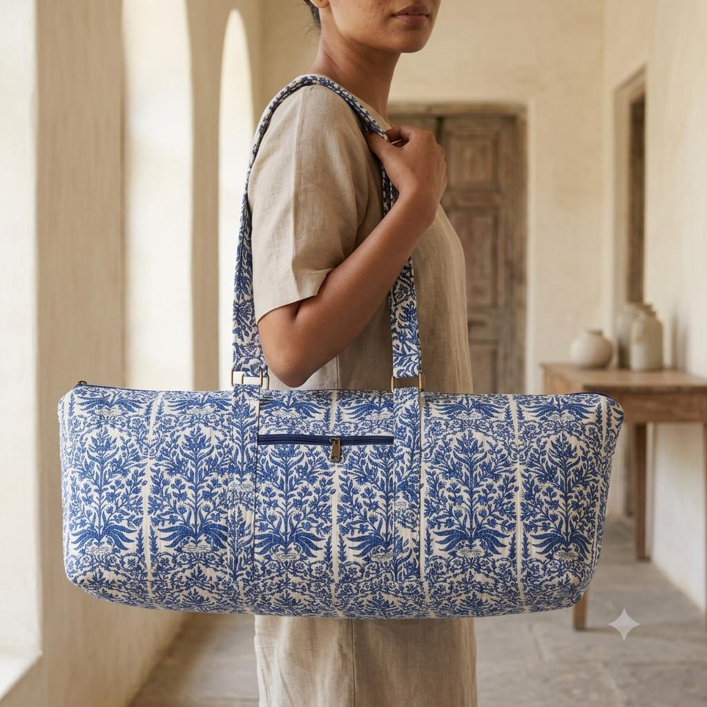 Handmade Quilted Cotton Duffle Bag, Blue White Floral Weekender, Carry On Travel Tote