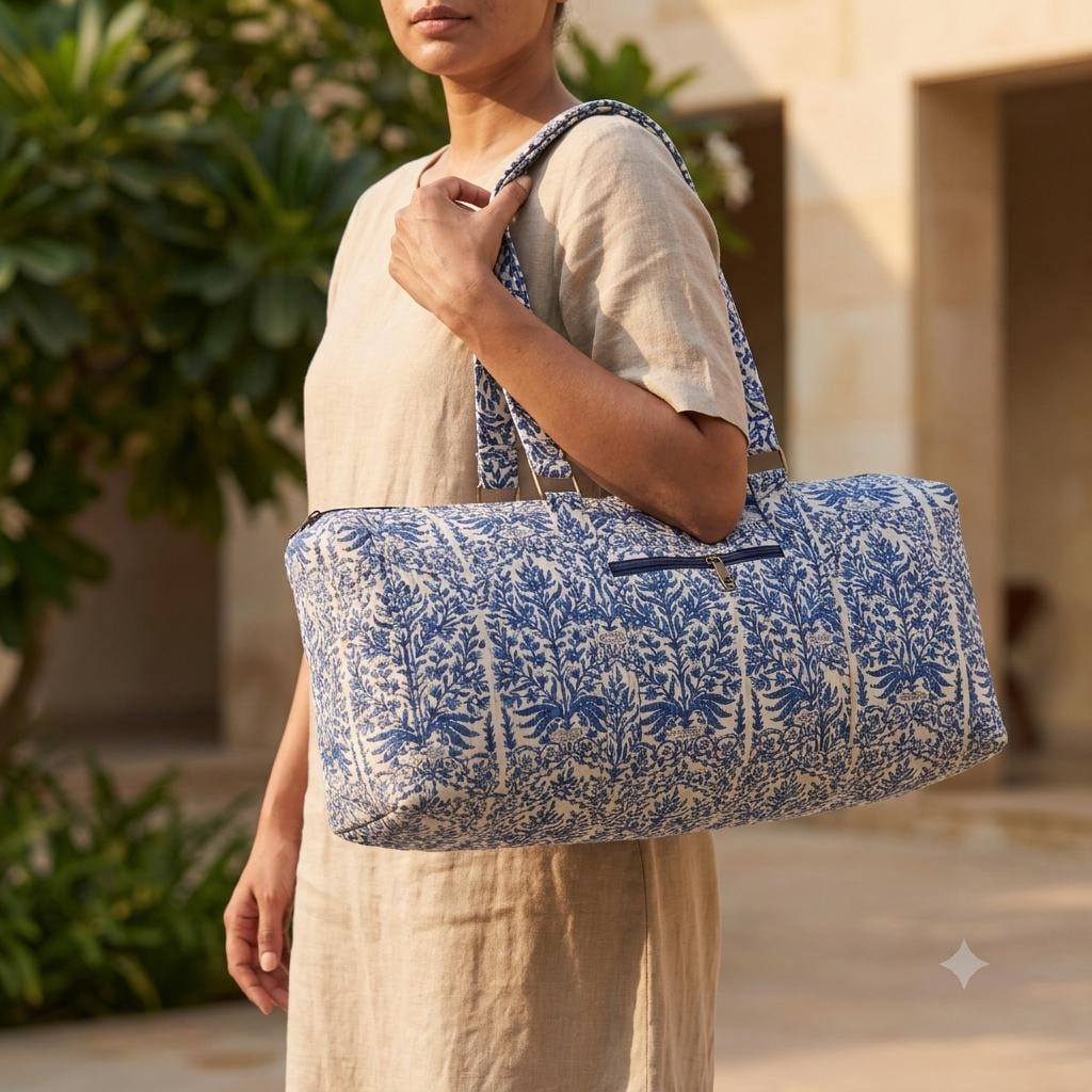 Handmade Quilted Cotton Duffle Bag, Blue White Floral Weekender, Carry On Travel Tote