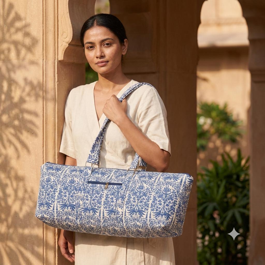 Handmade Quilted Cotton Duffle Bag, Blue White Floral Weekender, Carry On Travel Tote