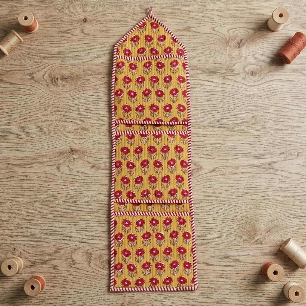 Handmade Quilted Cotton Wall Organizer, Mustard Floral Pocket Holder, Hanging Storage, Home Decor