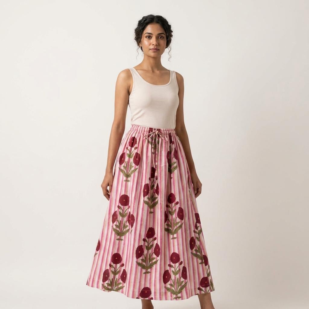 Handmade Cotton Maxi Skirt, Pink White Floral Boho, Tiered Summer Apparel, Elastic Waist