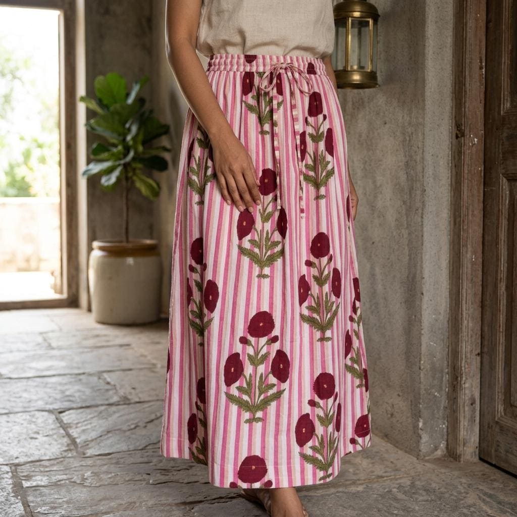Handmade Cotton Maxi Skirt, Pink White Floral Boho, Tiered Summer Apparel, Elastic Waist