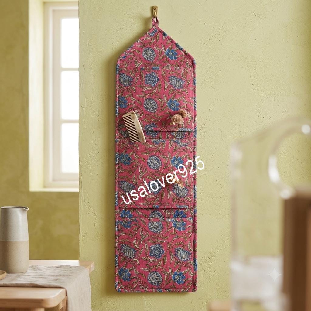 Handmade Quilted Cotton Wall Organizer, Pink Blue Floral Pocket Holder, Hanging Storage, Home Decor