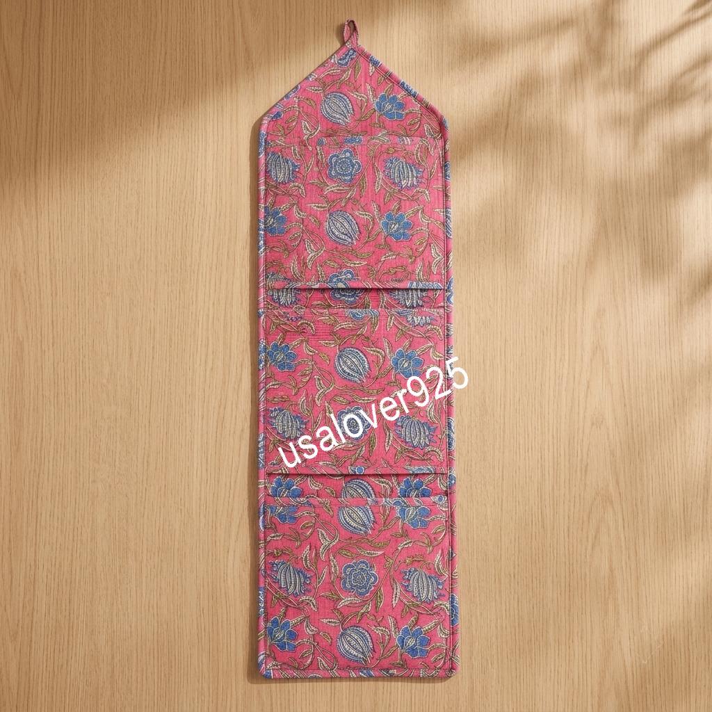 Handmade Quilted Cotton Wall Organizer, Pink Blue Floral Pocket Holder, Hanging Storage, Home Decor