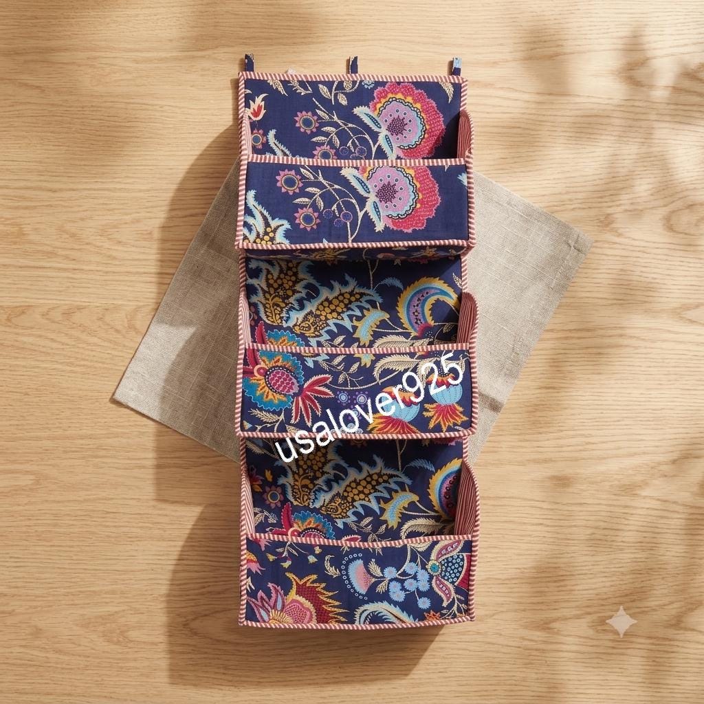 Handmade Blue Floral Quilted Cotton Wall Organizer, Hanging Storage Pockets
