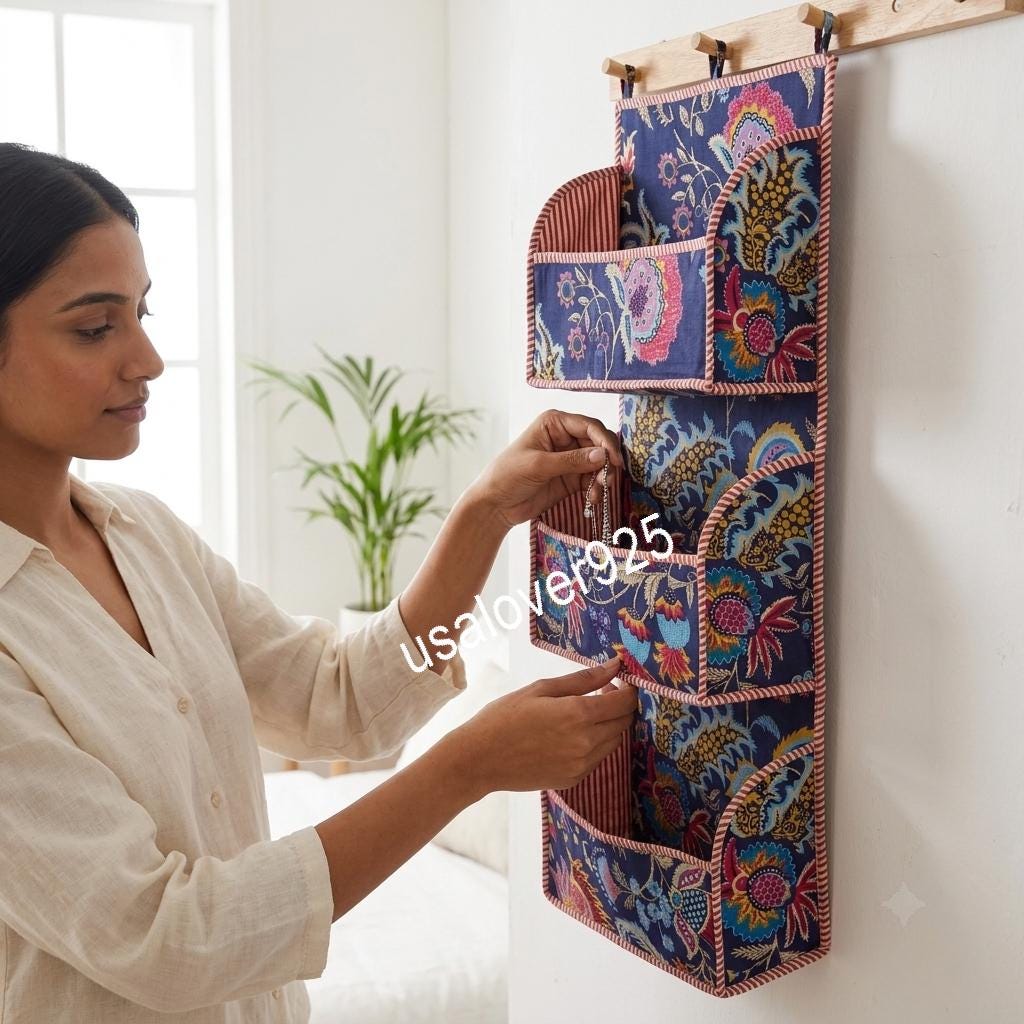 Handmade Blue Floral Quilted Cotton Wall Organizer, Hanging Storage Pockets