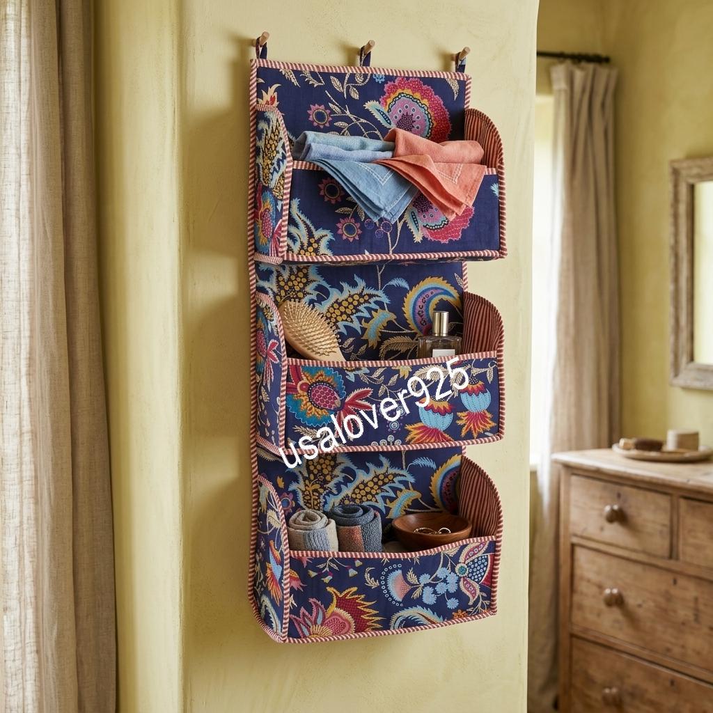 Handmade Blue Floral Quilted Cotton Wall Organizer, Hanging Storage Pockets