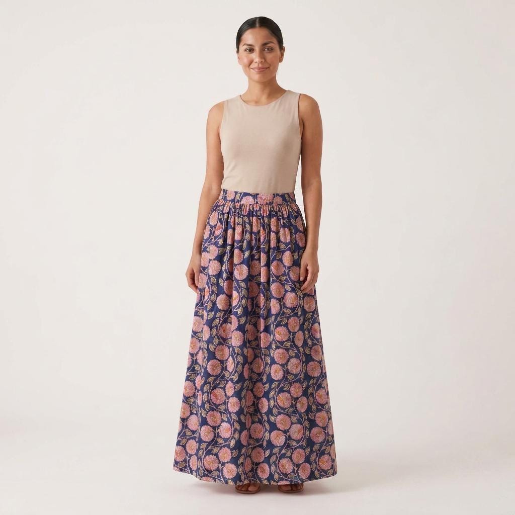 Blue Floral Quilted Cotton Maxi Skirt, Handcrafted Flower Pocket Bohemian Long Summer Dress