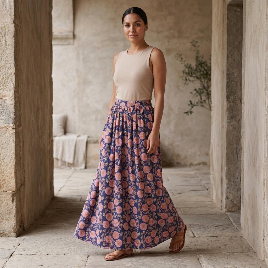 Blue Floral Quilted Cotton Maxi Skirt, Handcrafted Flower Pocket Bohemian Long Summer Dress