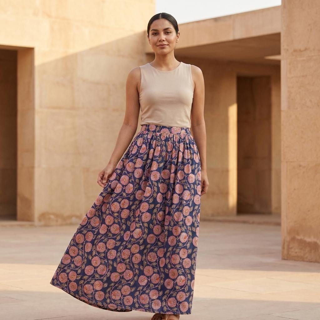 Blue Floral Quilted Cotton Maxi Skirt, Handcrafted Flower Pocket Bohemian Long Summer Dress