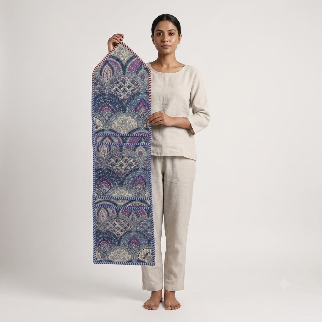 Quilted Cotton Purple Indigo Mughal Arch Hanging Organizer Handcrafted 3-Pocket Wall Storage