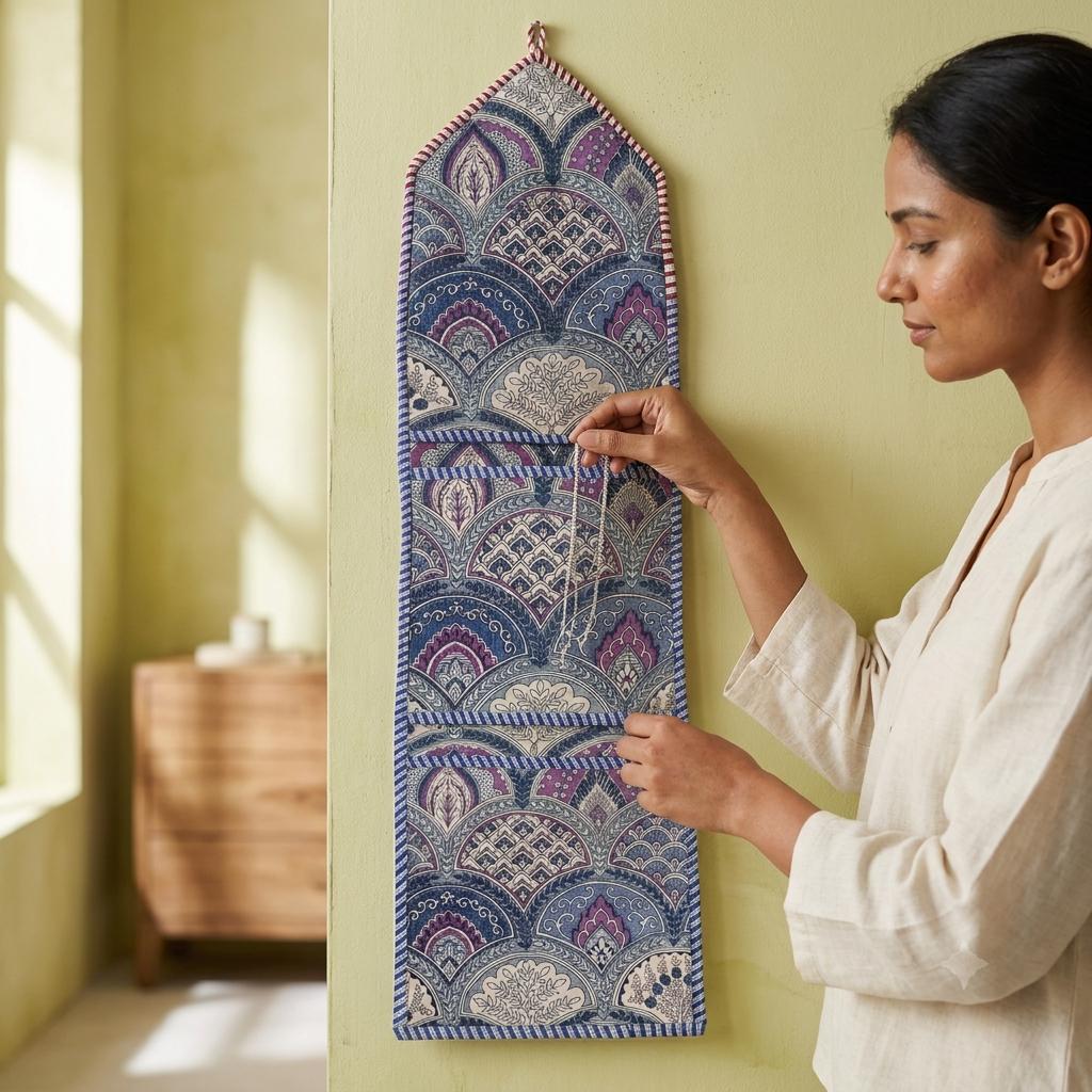 Quilted Cotton Purple Indigo Mughal Arch Hanging Organizer Handcrafted 3-Pocket Wall Storage
