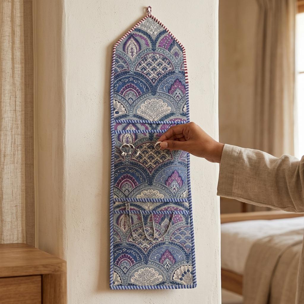 Quilted Cotton Purple Indigo Mughal Arch Hanging Organizer Handcrafted 3-Pocket Wall Storage