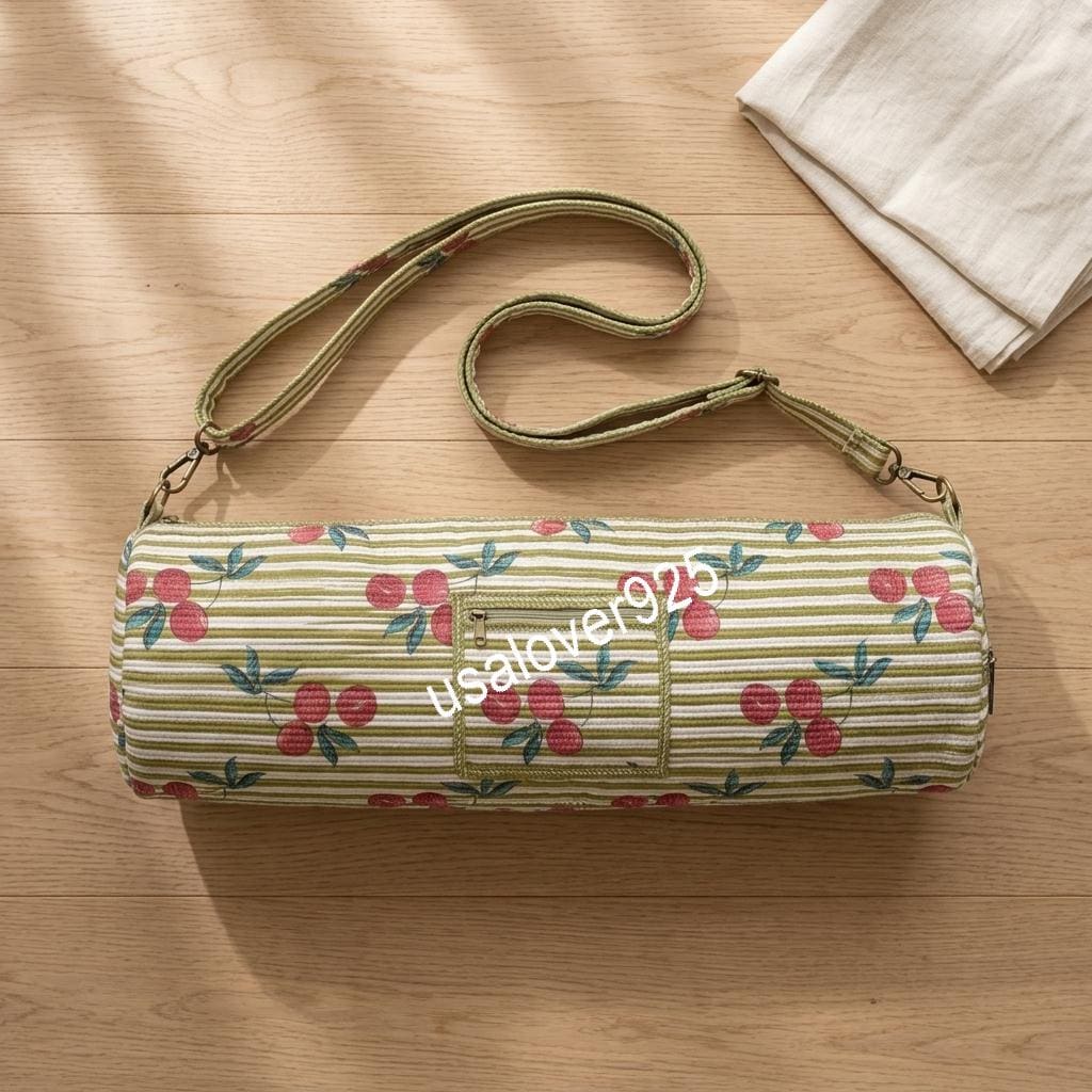 Quilted Cotton Yoga Mat Bag, Green Cherry Print, Crossbody Sling Carrier