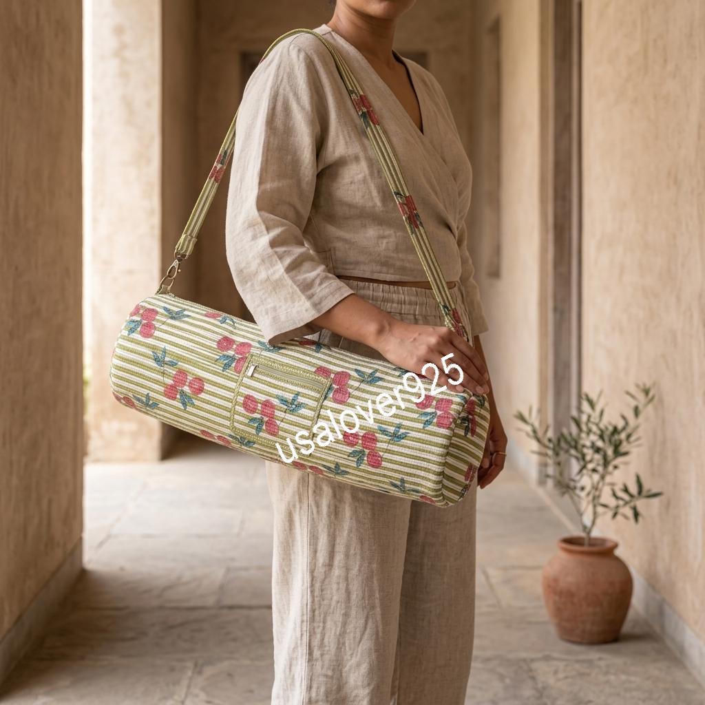 Quilted Cotton Yoga Mat Bag, Green Cherry Print, Crossbody Sling Carrier