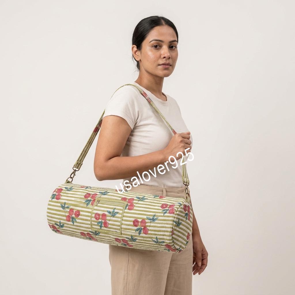 Quilted Cotton Yoga Mat Bag, Green Cherry Print, Crossbody Sling Carrier
