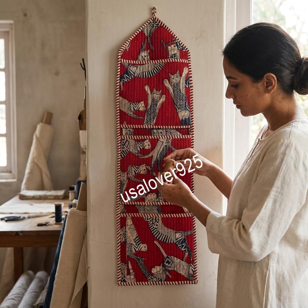 Handmade Quilted Cotton Wall Organizer, Red Cat Print Pocket Holder, Hanging Storage, Home Decor
