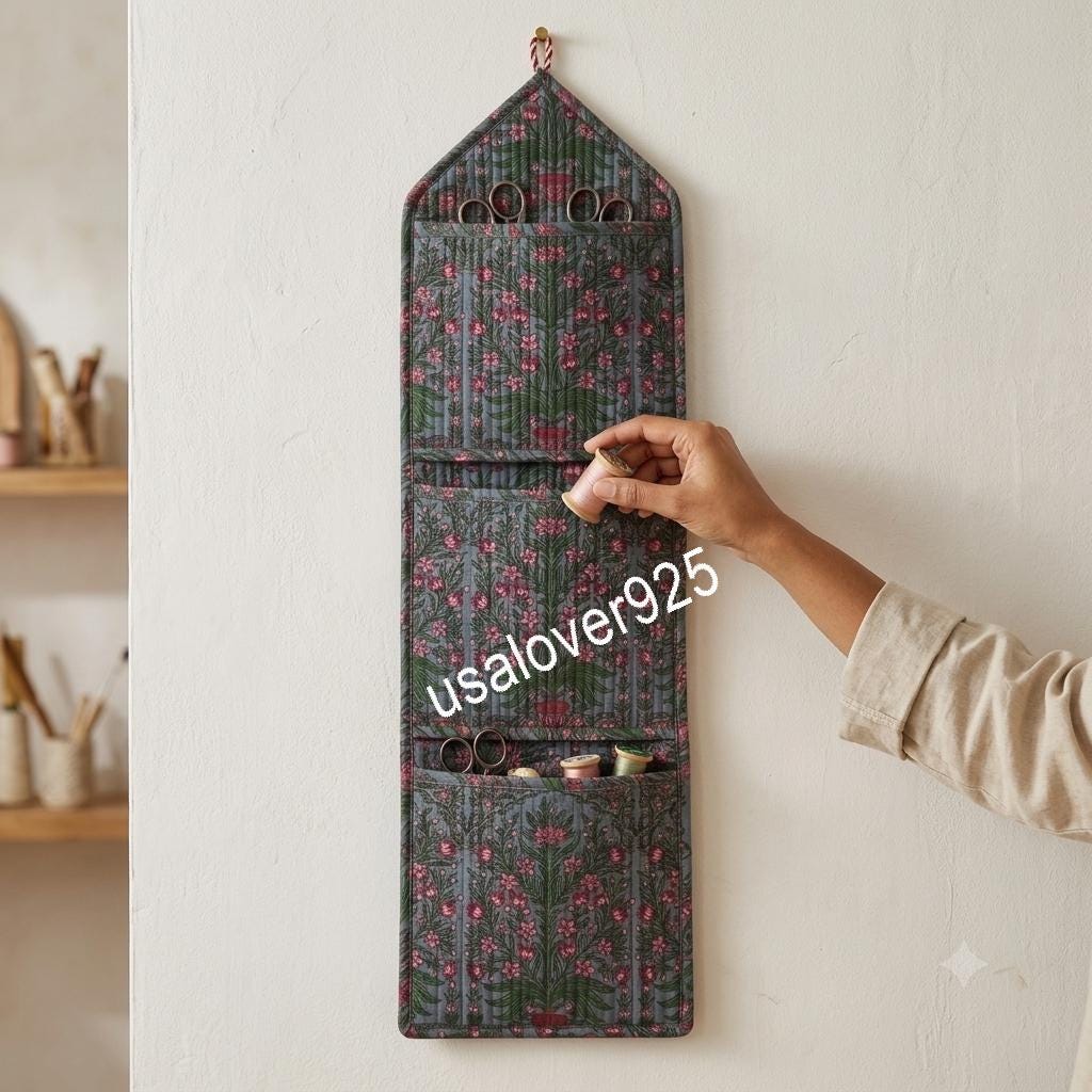 Handmade Quilted Cotton Wall Organizer, Grey Floral Pocket Holder, Hanging Storage, Home Decor
