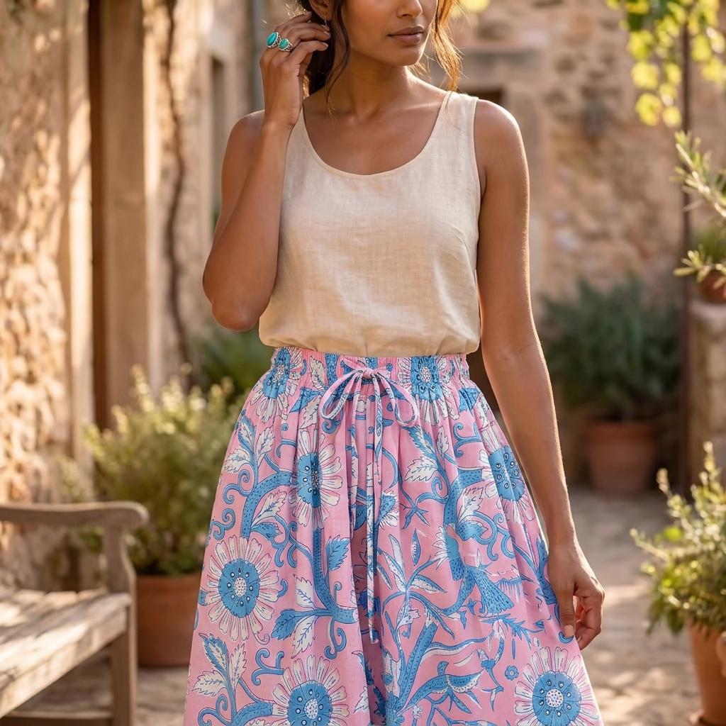 Pink hand block print cotton maxi skirt, floral summer boho midi dress, women clothing