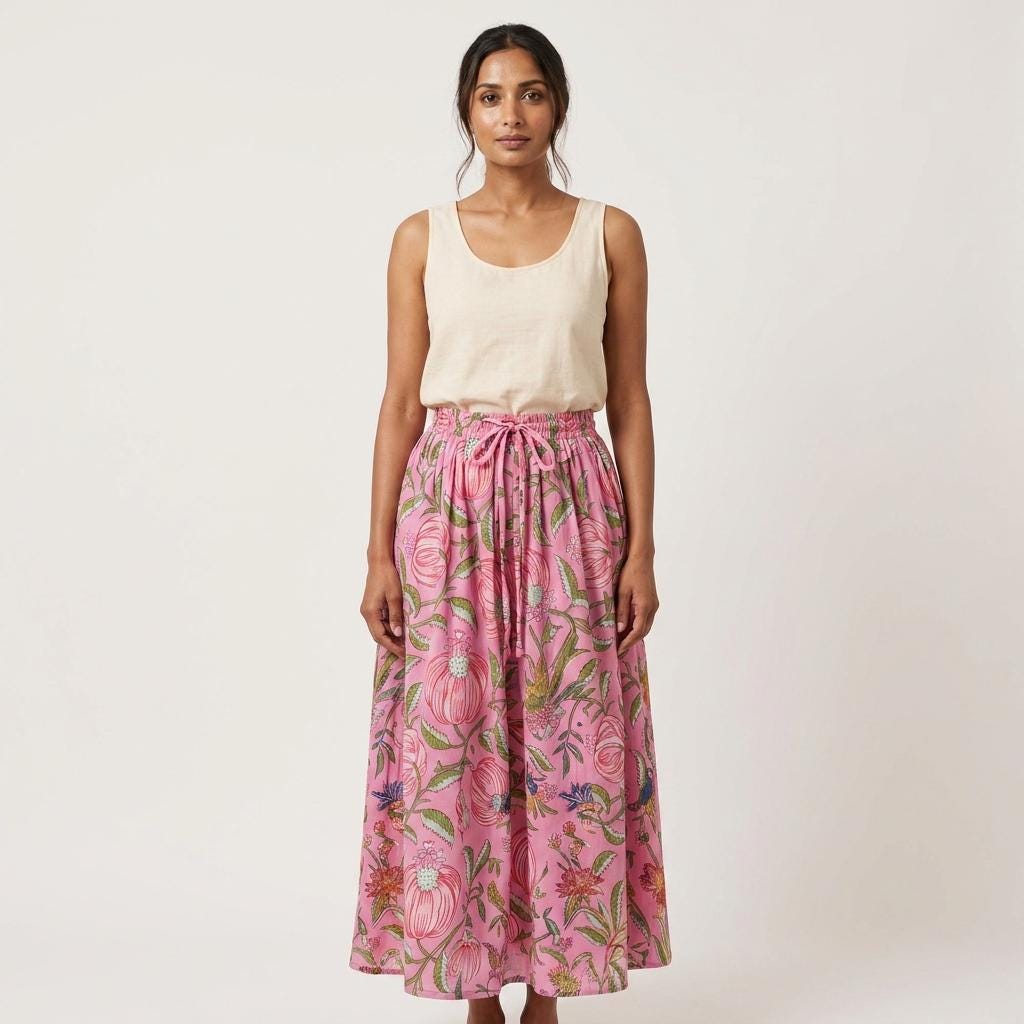 Pink Floral Quilted Cotton Maxi Skirt, Handcrafted Flower Pocket Bohemian Long Summer Dress