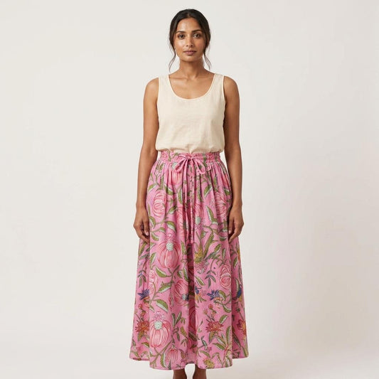Pink Floral Quilted Cotton Maxi Skirt, Handcrafted Flower Pocket Bohemian Long Summer Dress