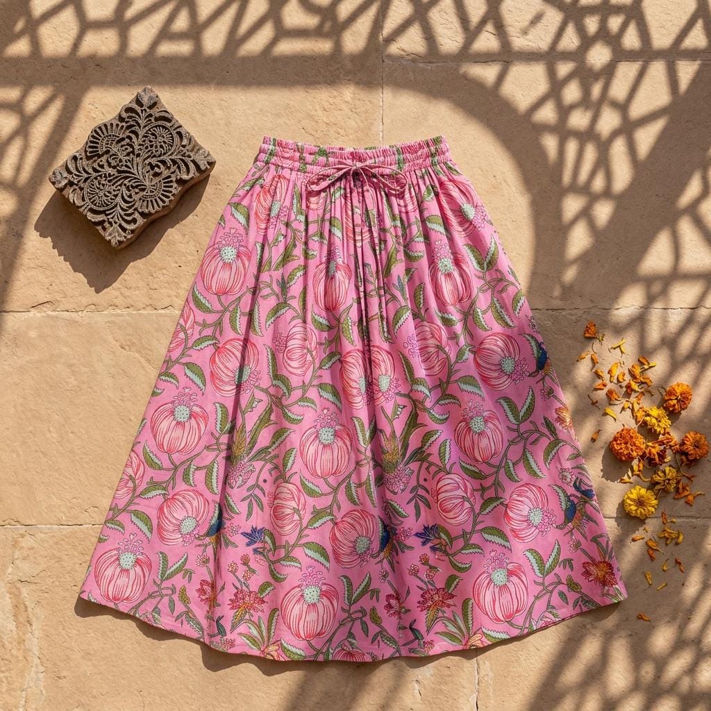 Pink Floral Quilted Cotton Maxi Skirt, Handcrafted Flower Pocket Bohemian Long Summer Dress