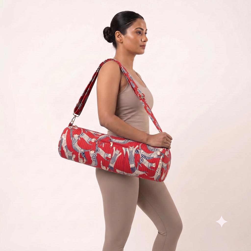 Red Quilted Cotton Yoga Mat Bag, Handcrafted Animal Printed Gym Tote Carrier Holder Sling