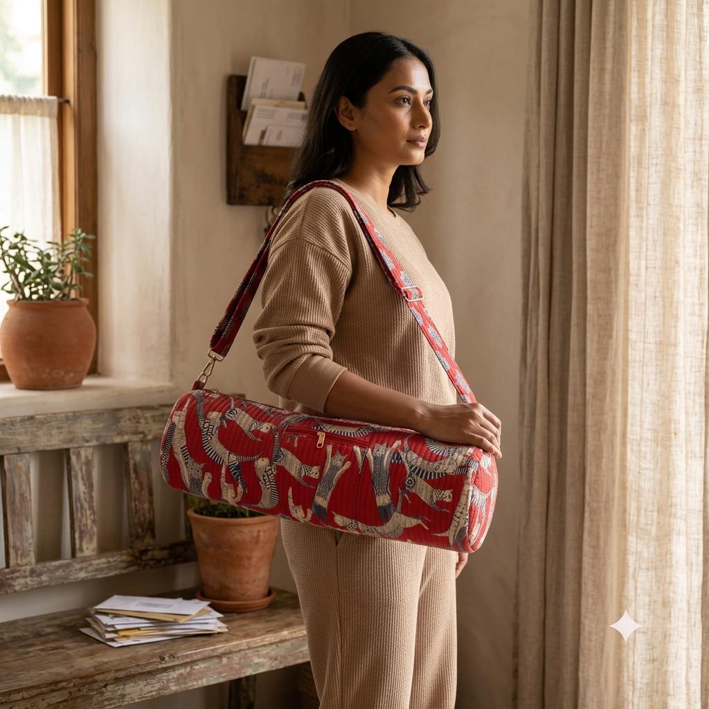 Red Quilted Cotton Yoga Mat Bag, Handcrafted Animal Printed Gym Tote Carrier Holder Sling