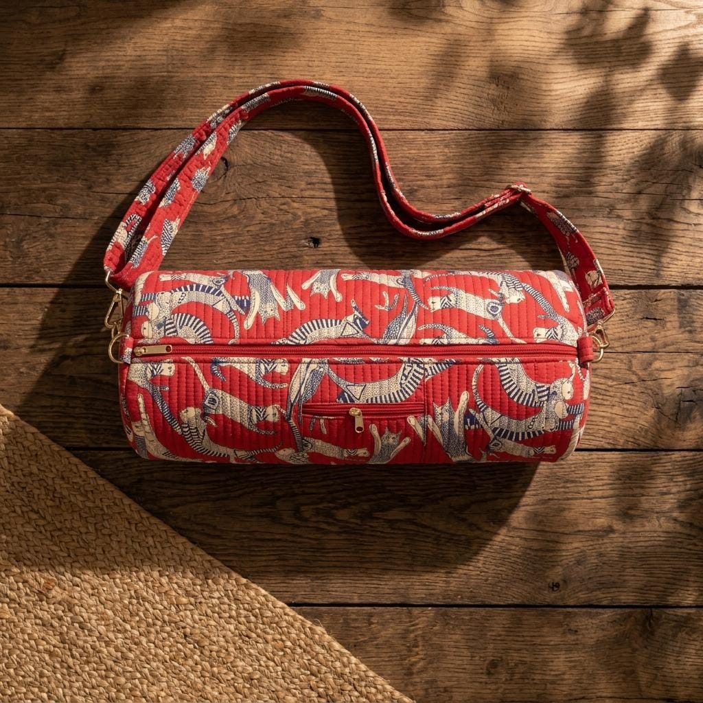 Red Quilted Cotton Yoga Mat Bag, Handcrafted Animal Printed Gym Tote Carrier Holder Sling