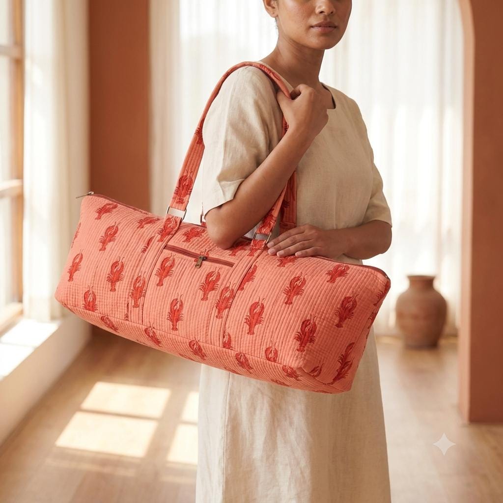 Quilted Cotton Yoga Mat Bag, Lobster Block Print Duffle, Weekend Travel Tote