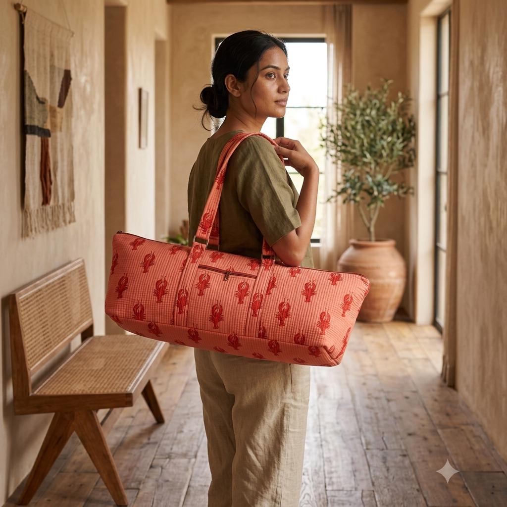 Quilted Cotton Yoga Mat Bag, Lobster Block Print Duffle, Weekend Travel Tote