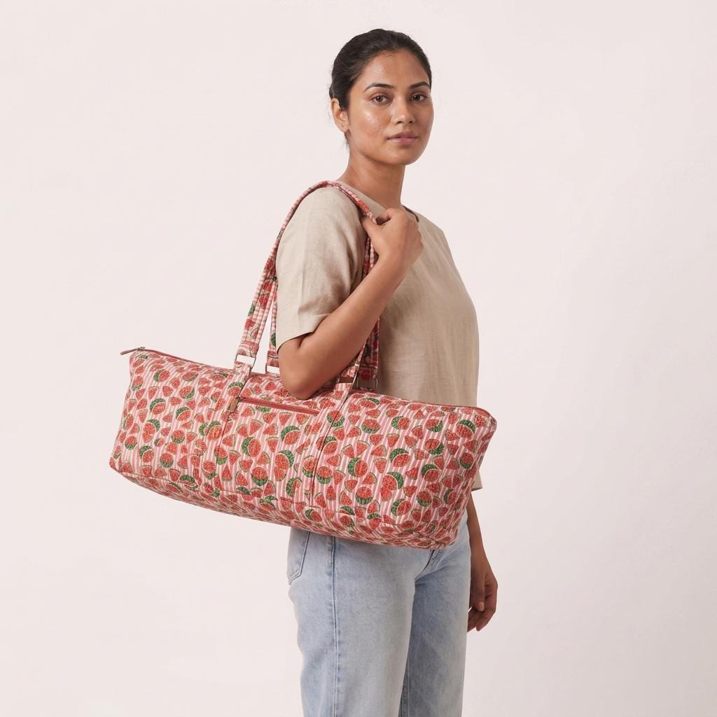 Quilted Cotton Yoga Mat Bag, Watermelon Block Print Duffle, Weekend Travel Tote