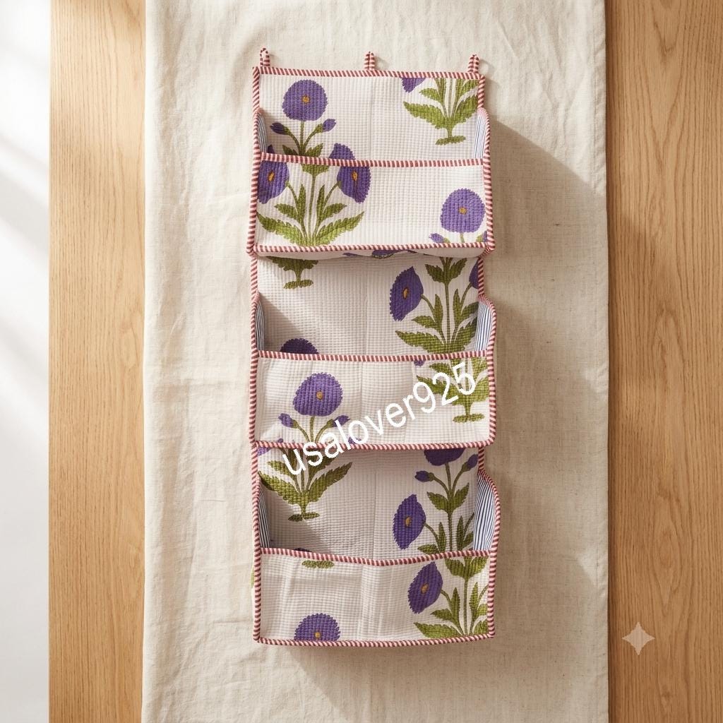 Handmade Quilted Cotton Wall Organizer, Purple Floral Pockets, Hanging Storage Holder