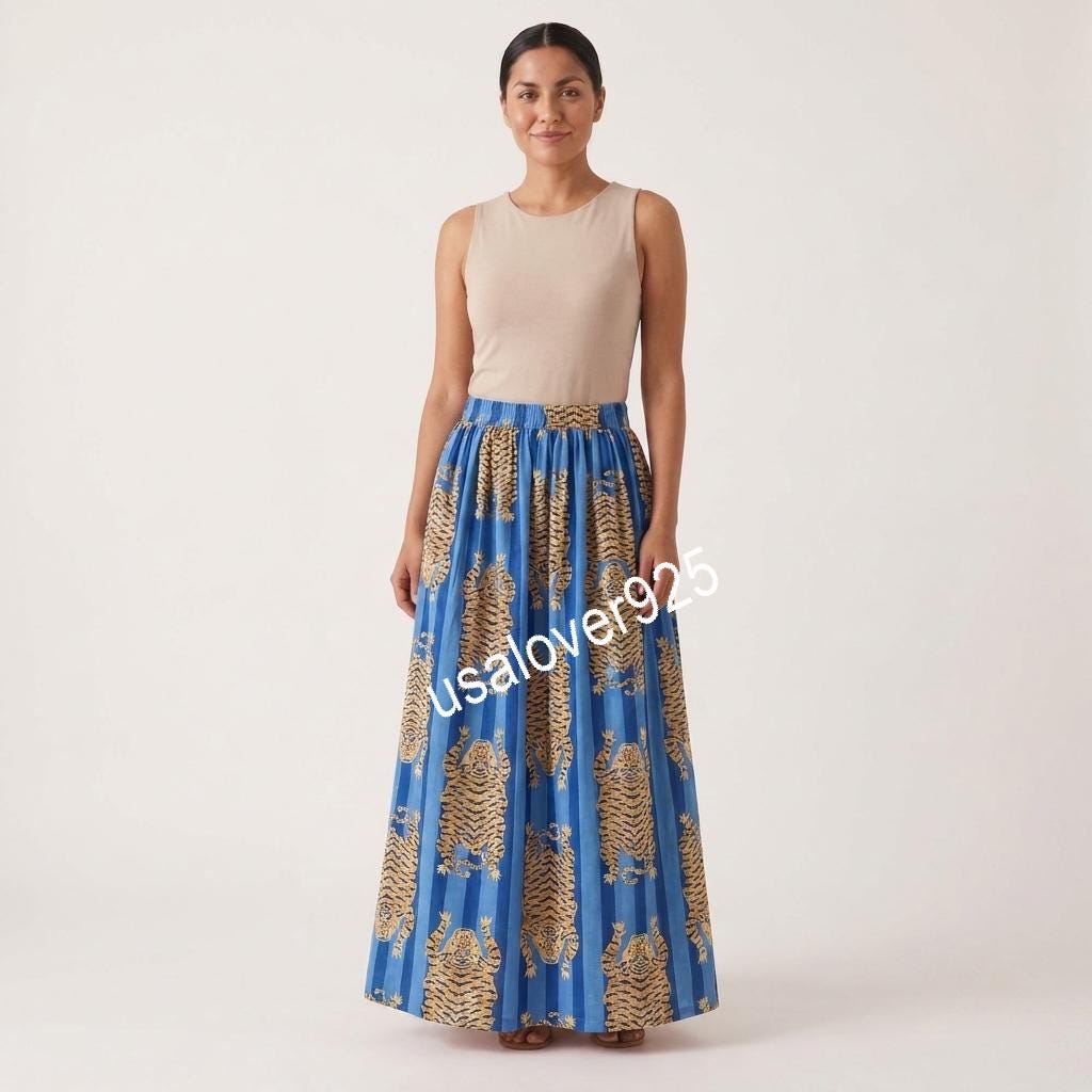Handmade Cotton Maxi Skirt, Blue Tiger Stripe, Boho Flared Summer Apparel