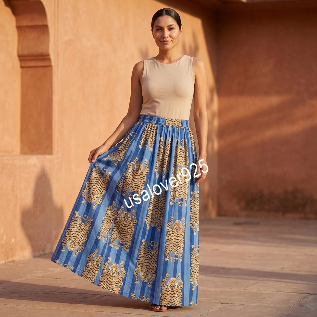 Handmade Cotton Maxi Skirt, Blue Tiger Stripe, Boho Flared Summer Apparel