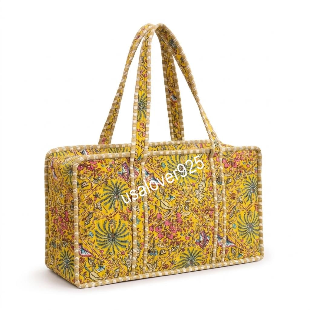 Yellow Floral Mahjong Bag, Hand Block Print Quilted Cotton Game Storage Case