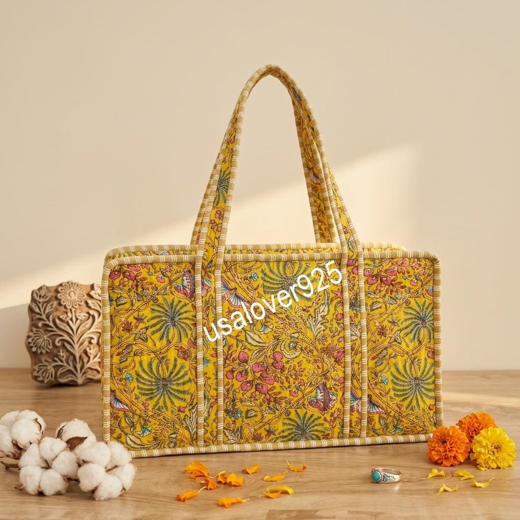 Yellow Floral Mahjong Bag, Hand Block Print Quilted Cotton Game Storage Case