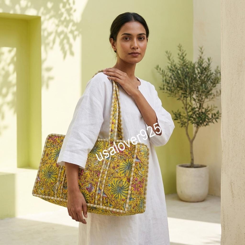 Yellow Floral Mahjong Bag, Hand Block Print Quilted Cotton Game Storage Case