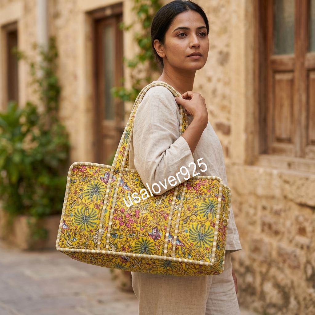 Yellow Floral Mahjong Bag, Hand Block Print Quilted Cotton Game Storage Case