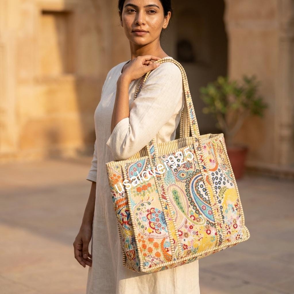 Handmade Quilted Cotton Tote Bag, Yellow Paisley Carryall, Shoulder Shopper, Travel Market Purse