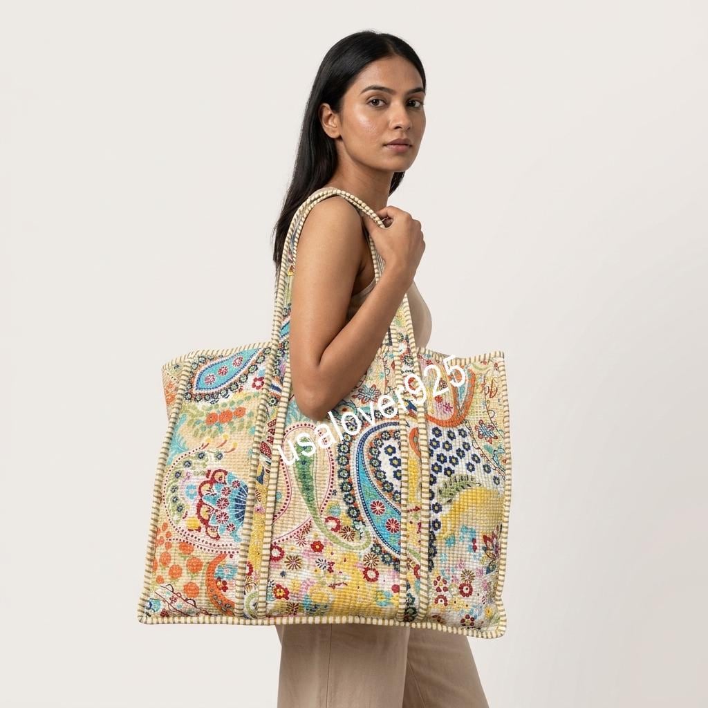 Handmade Quilted Cotton Tote Bag, Yellow Paisley Carryall, Shoulder Shopper, Travel Market Purse