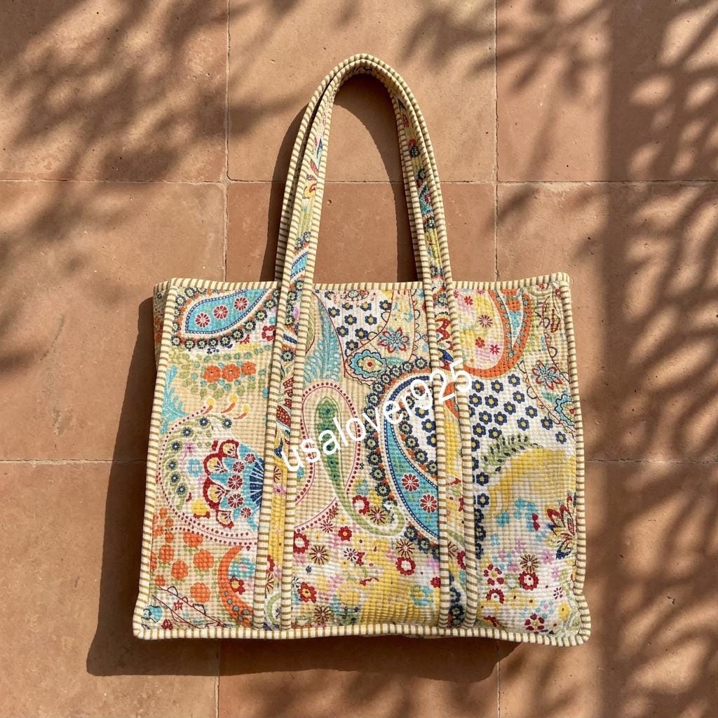 Handmade Quilted Cotton Tote Bag, Yellow Paisley Carryall, Shoulder Shopper, Travel Market Purse